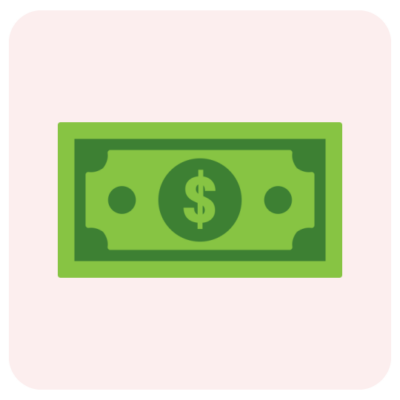 A simple illustration of a green dollar bill with a dollar sign ($) in the center, set against a light pink background with rounded corners.