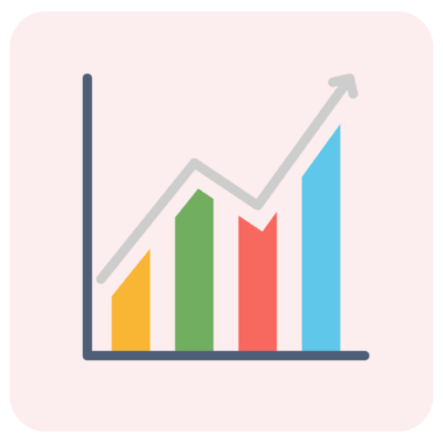 A bar chart with four colored bars (yellow, green, red, blue) increasing in height from left to right, with a zigzag gray line rising diagonally above the bars, ending with an upward arrow.