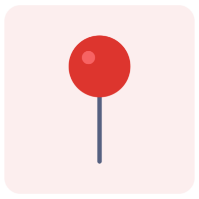 A simple illustration of a red map pin or location marker with a round top and a straight dark gray stick, on a light pink background with rounded corners.